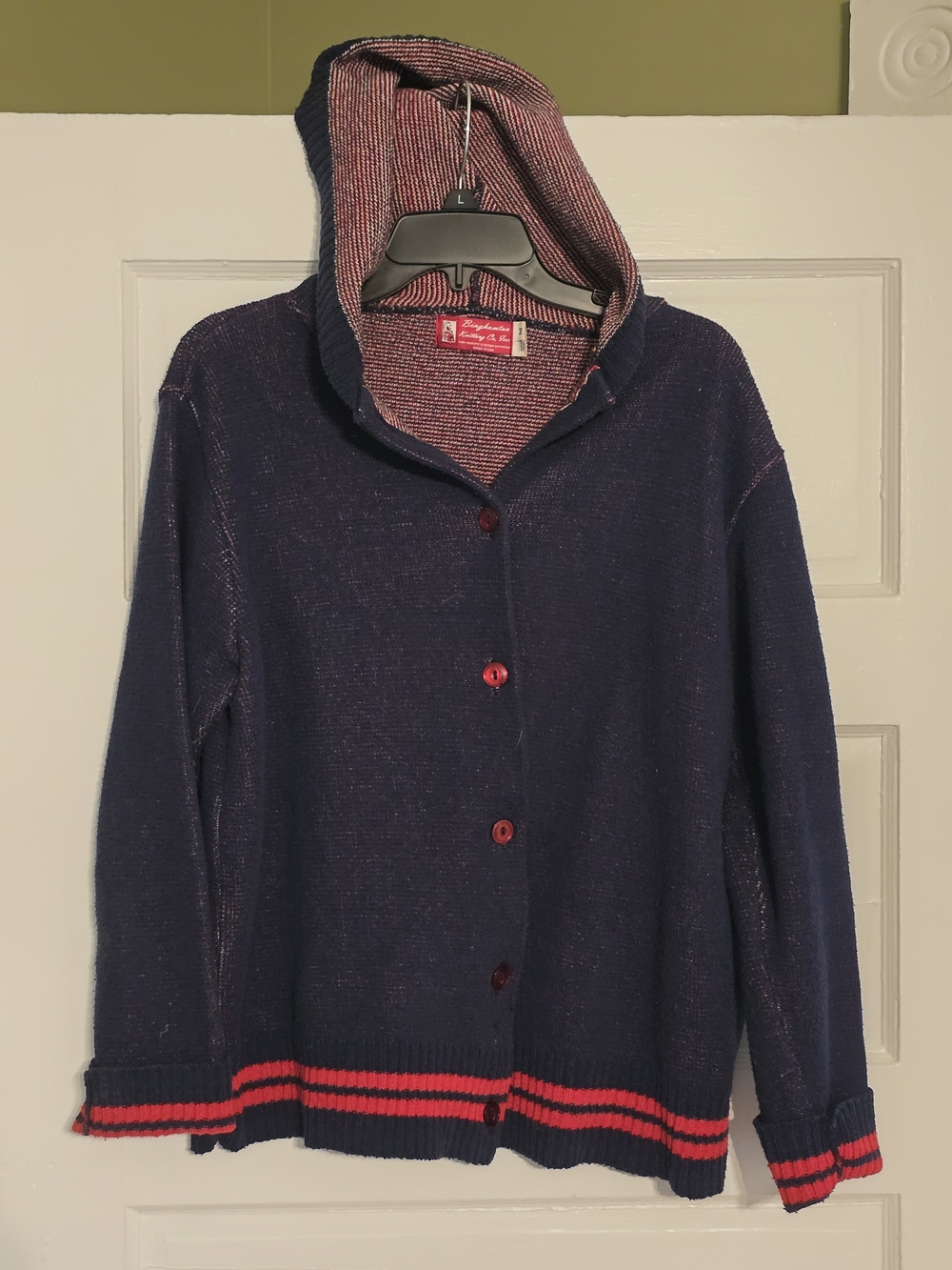 Binghamton Hooded Navy Cardigan with Red Trim And American Flag On Back Medium